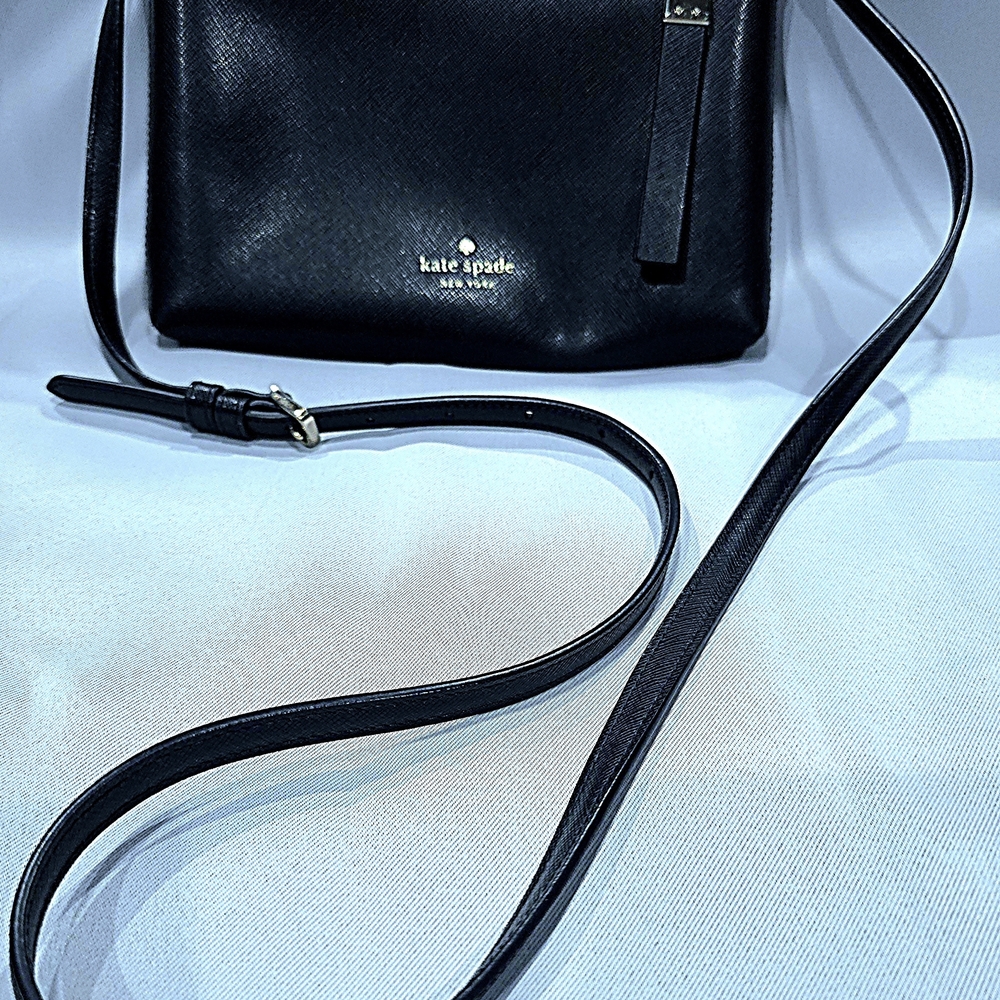 kate spade black leather crossbody with gold logo